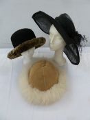 'Hatbox' wool felt and faux-fur hat, a sheepskin hat and a black straw Ascot-style hat (3)