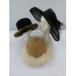 'Hatbox' wool felt and faux-fur hat, a sheepskin hat and a black straw Ascot-style hat (3)