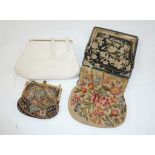 Vintage petit point evening bag with gilt metal fixed frame, with faux pearl detail and coloured