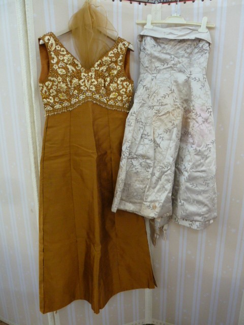 Vintage bronze silk vintage evening dress, disassembled, heavily embroidered bodice with diamante,