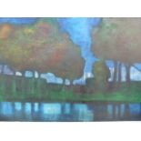 Bill Young 1929 -2012 oil on canvas River landscape with tree reflections, 80 cms x 120 cms,