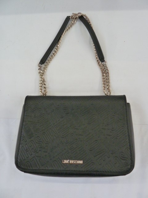 Moschino, Love Moschino black leather bag with gilt chain and leather strap handles, red lining,