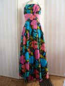 Jean Allen cotton evening gown with large printed hibiscus pattern, boned bodice with spaghetti