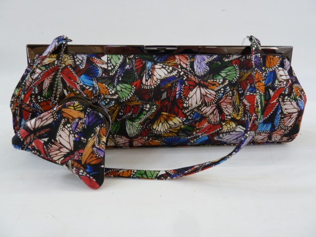Philip Treacy silk handbag printed with butterflies, attached purse, fabric handle and original dust
