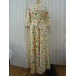Vintage 1950's poplin full-length housecoat, double-breasted with green buttons, tie belt, one front