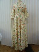 Vintage 1950's poplin full-length housecoat, double-breasted with green buttons, tie belt, one front