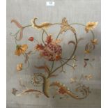 20th century floral embroidery in yellow and orange, in rectangular frame, 52cm x 58cm and another