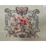20th century embroidery with floral and scroll cartouche, in red, pink and grey, 53cm x 45.5cm, in