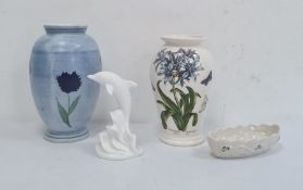 Poole pottery vase with blue ground, a Portmeirion 'Botanic Garden' vase, a Belleek dish and a