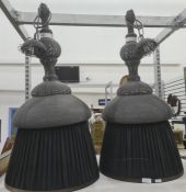 Set of three large D K Home pendulum light fittings with black fabric shades suspended from metal