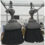 Set of three large D K Home pendulum light fittings with black fabric shades suspended from metal