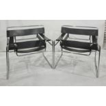 Pair of Wassily open armchairs, black leather strapping seats, arms and back on chrome supports (2)