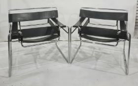 Pair of Wassily open armchairs, black leather strapping seats, arms and back on chrome supports (2)