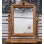 20th century pine dressing table swing mirror on turned and fluted supports to plinth base
