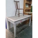 Grey painted desk/table and a single mahogany and inlaid bedroom chair (2)