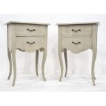 Pair of modern bedside tables with shaped tops and moulded edges, above two drawers, on cabriole