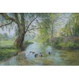 M England (20th century) Pair of oils on canvas  Ducks on a river and figure on autumnal path,