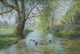 M England (20th century) Pair of oils on canvas  Ducks on a river and figure on autumnal path,