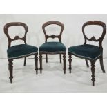 Six assorted 19th century dining chairs with blue overstuffed seats