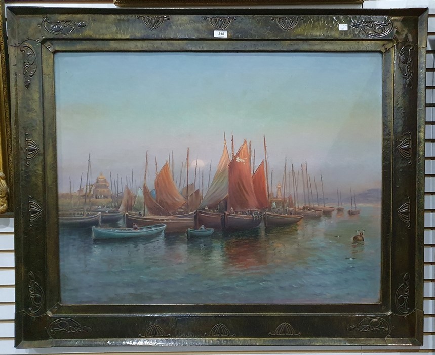 British school (19th century)  Continental harbour scene with sailing boats, 92cm x 112cm in Art - Image 4 of 4