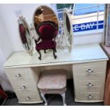 Modern cream dressing table, dressing table stool, three-part cream and gilt mirror and miniature