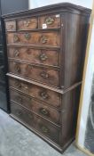 George III mahogany tallboy chest on chest, the top section with cavetto frieze, three short and