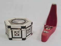 Early 20th century ivory and mother-of-pearl box of hexagonal form, the hinge cover inset with a