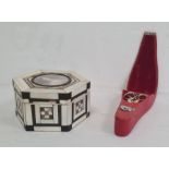 Early 20th century ivory and mother-of-pearl box of hexagonal form, the hinge cover inset with a