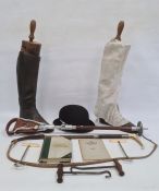 Hunting interest:  Pair of vintage black leather hunting boots, wooden trees marked Tom Hill,