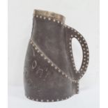 Doulton silver-mounted jug, leather studded-effect, marked 'Drinke Faire Dont Sware'', with silver