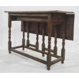 Probably 18th century oak drop-leaf gateleg table having single end drawer with brass handle, on