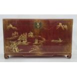 Modern Chinese style chest in red ground lacquer effect with gilt decoration to the front (90W x 46D