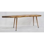 20th century coffee table, the top formed as naturalistic plank, on four turned supports, 123cm x
