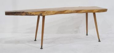 20th century coffee table, the top formed as naturalistic plank, on four turned supports, 123cm x