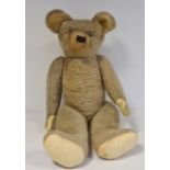 Large mohair stuffed teddy bear with plastic beaded eyes, fabric paws, 69cm long