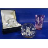 Caithness 'Jubilee Moonflower' paperweight, no.1986, boxed, another paperweight and a Mary Gregory