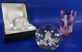 Caithness 'Jubilee Moonflower' paperweight, no.1986, boxed, another paperweight and a Mary Gregory