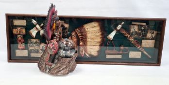 Glazed and stained wood display case with simulated American Indian ephemera and collectables and