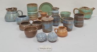 Quantity of Prinknash pottery in blue, green and terracotta coloured glaze, to include teapot,