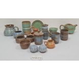 Quantity of Prinknash pottery in blue, green and terracotta coloured glaze, to include teapot,