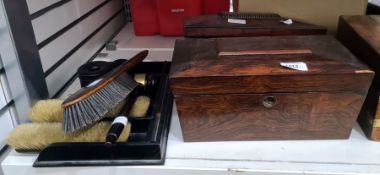 Two sarcophagus-shaped tea caddies and a small quantity of items to include gavel, brushes, etc