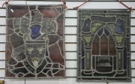 Stained glass panel depicting a coat of arms with painted decoration and the motto 'Sic vos non