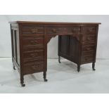 Late Victorian oak desk with leatherette inset top, moulded edge, nine assorted drawers with