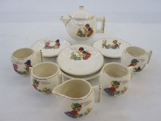 Child's part tea service comprising teapot, four cups and saucers and milk jug 'Dolly's Bedtime', '