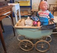 Doll's pram, 20th century doll, black doll, doll's clothes and peg box