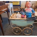 Doll's pram, 20th century doll, black doll, doll's clothes and peg box