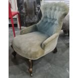 19th century grey / blue upholstered salon chair on front cabriole legs to castors