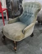 19th century grey / blue upholstered salon chair on front cabriole legs to castors