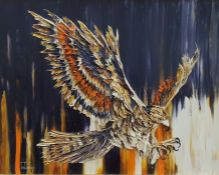 Jean T Tredaway(?) (20th century) Oil on board with impasto Eagle in flight, signed indistinctly