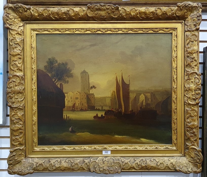 19th century Continental school Oil on canvas Sailing barges with buildings behind and a fisherman - Image 2 of 4